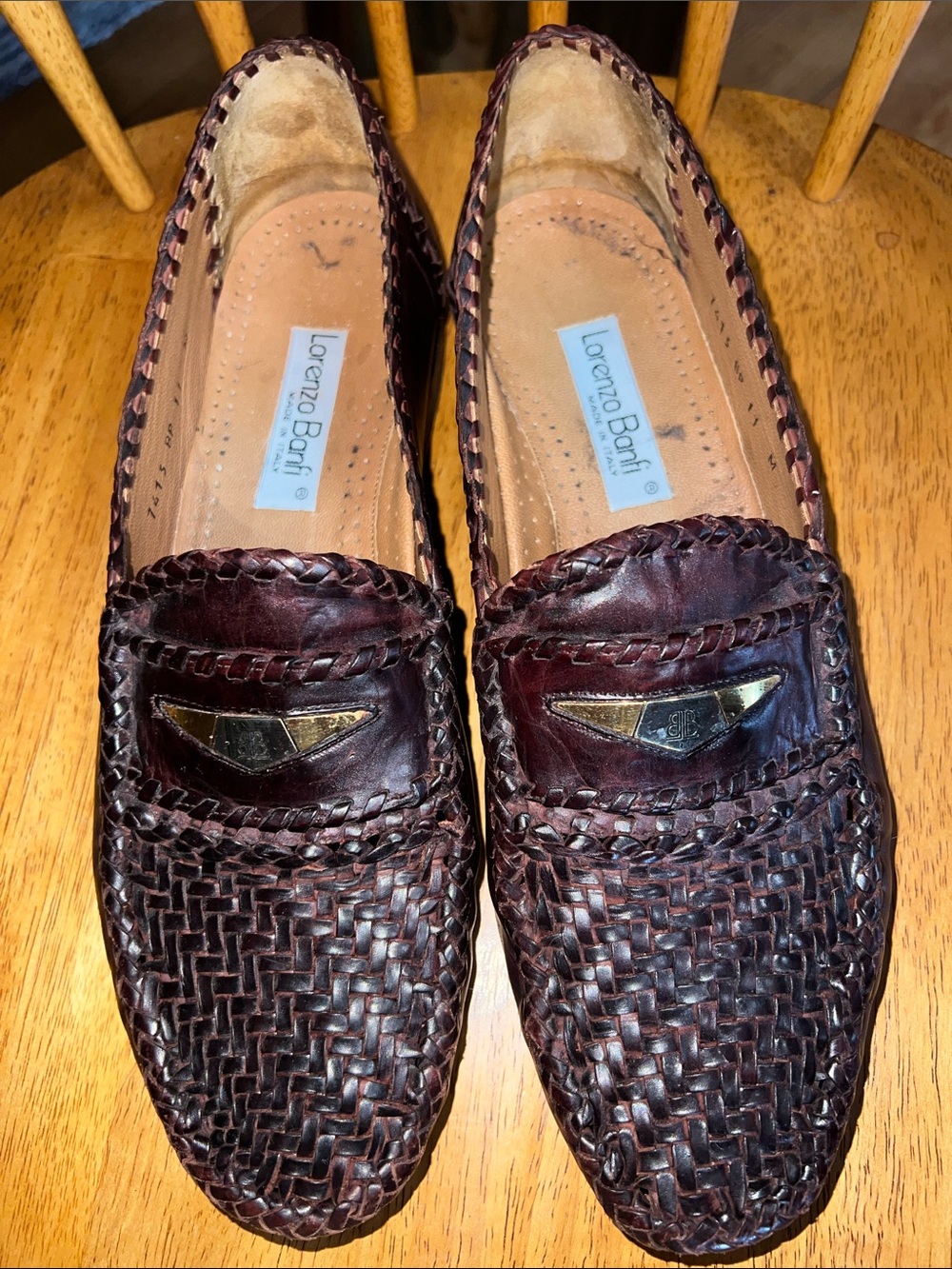 VTG Lorenzo Banfi Woven Leather Slip-On Loafers in Dark Brown with Gold Accent